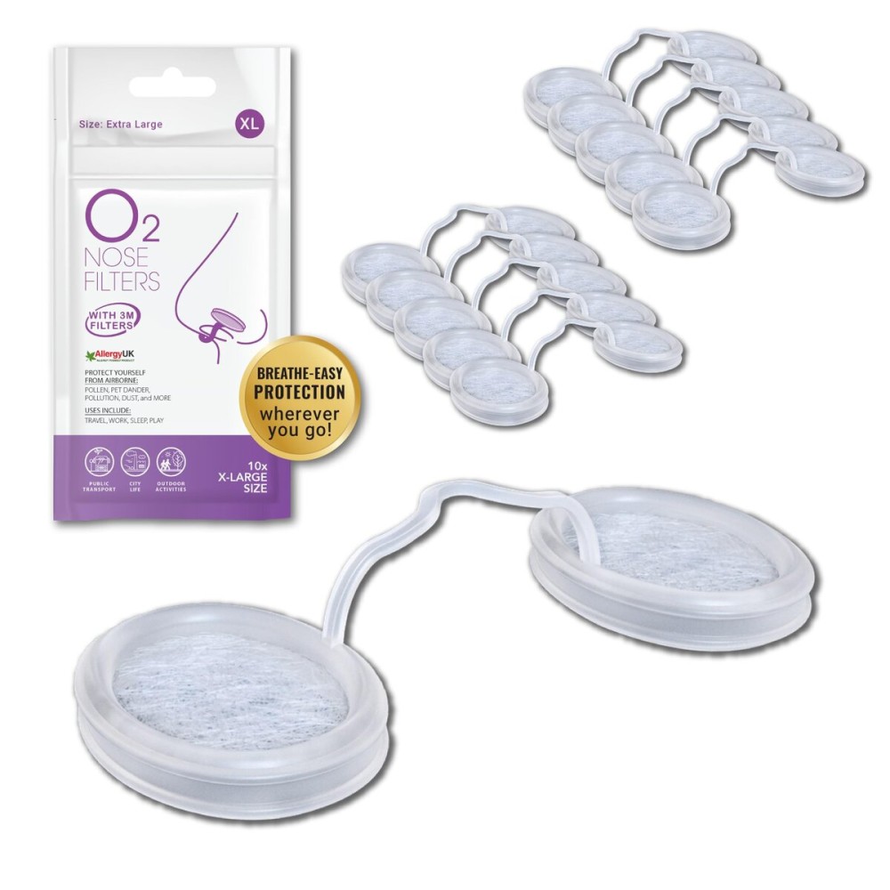 O2 Nose Filters with 3M Filtration - Nasal Screens for Allergies, Dust & Smoke - Drug-Free & Latex-Free Nose Filters - Invisible Allergy Protection (X-Large x 10)