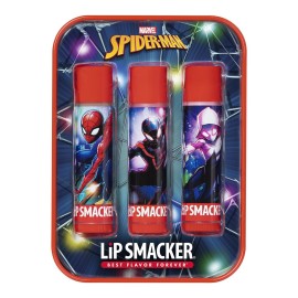 Lip Smacker Marvel\'s Spiderman Holiday Flavored Lip Balm Tin - Moisturizing, Soothing Trio Soda Pop, Amazing Berry Power, & Candy Cane