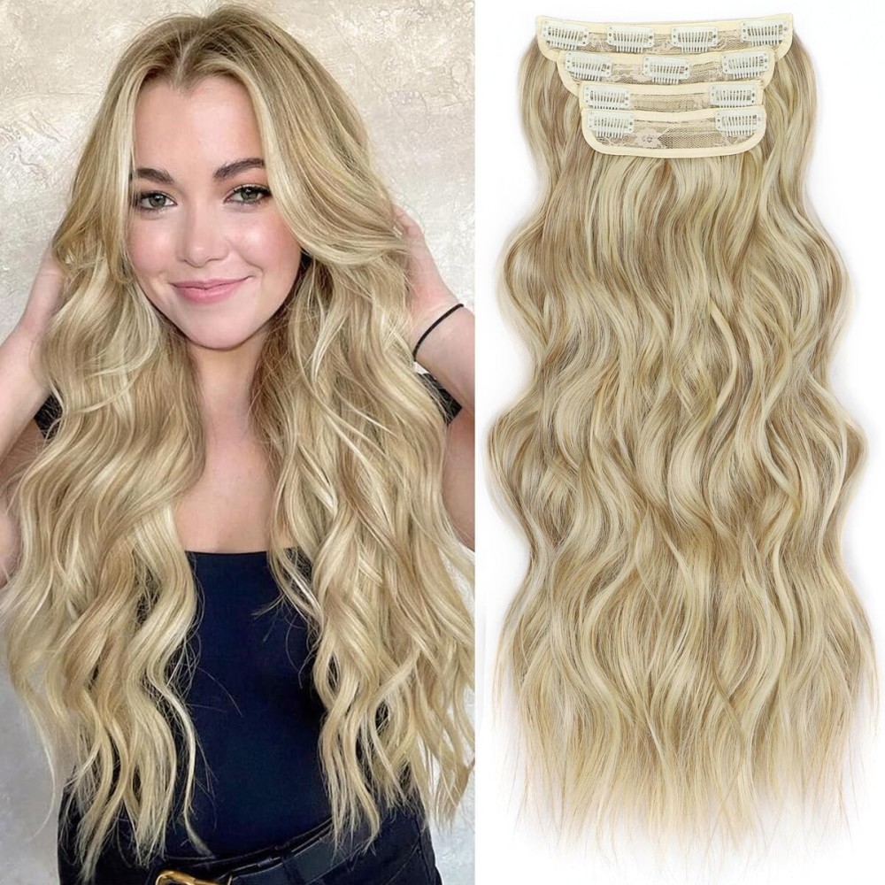 ALXNAN Clip in Long Wavy Synthetic Hair Extension 24 Inch Dirty Blonde 4PCS Thick Hairpieces Fiber Double Weft Hair for Women