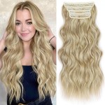 ALXNAN Clip in Long Wavy Synthetic Hair Extension 24 Inch Dirty Blonde 4PCS Thick Hairpieces Fiber Double Weft Hair for Women