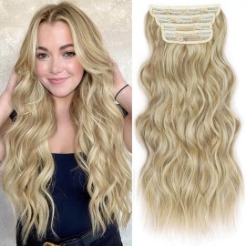 ALXNAN Clip in Long Wavy Synthetic Hair Extension 24 Inch Dirty Blonde 4PCS Thick Hairpieces Fiber Double Weft Hair for Women