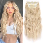ALXNAN Clip in Hair Extensions, Long Wavy Blonde Hair, 24 Inch 4PCS Thick Fiber Double Weft Hairpieces