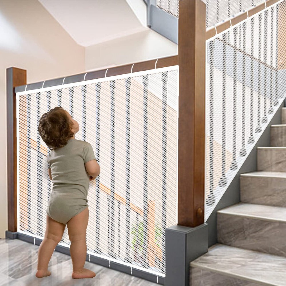 JIFTOK Baby Gate for Stairs, Banister Guard for Kids, Pets, Toys, 21.6 ft L x 2.66 ft H, Mesh Netting Safety Net for Balcony Rail Stair, Stairway Net Baby Safety Products for Indoor & Outdoor (White)
