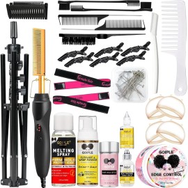 Goiple Wig Stand Tripod Metal Adjustable Mannequin Head Stand with Heater Surface & 52Pcs Hot Comb Set for Cosmetology Hairdressing Training