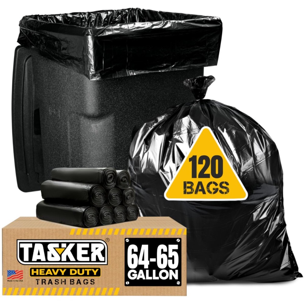 Tasker 65 Gallon Trash Bags Heavy Duty | 120 Count | Extra Large 64 Gallon Trash Bags for Toter | Garbage Bag 65 Gallon Trash Can Liners