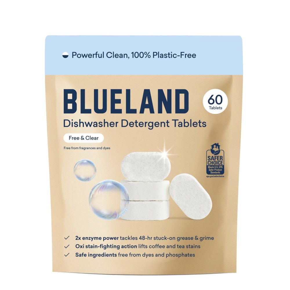 BLUELAND 100% Plastic-Free Dishwasher Detergent Tablets, 60 Count, Free & Clear, Eco-Friendly Dishwashing Pods, Natural, USDA Certified biobased