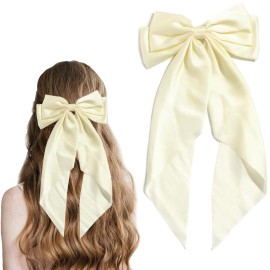 Women Big Bow Barrettes Girl\'s Satin Hairclips Long Ribbon Hair Pins Accessories For Party (Beige)