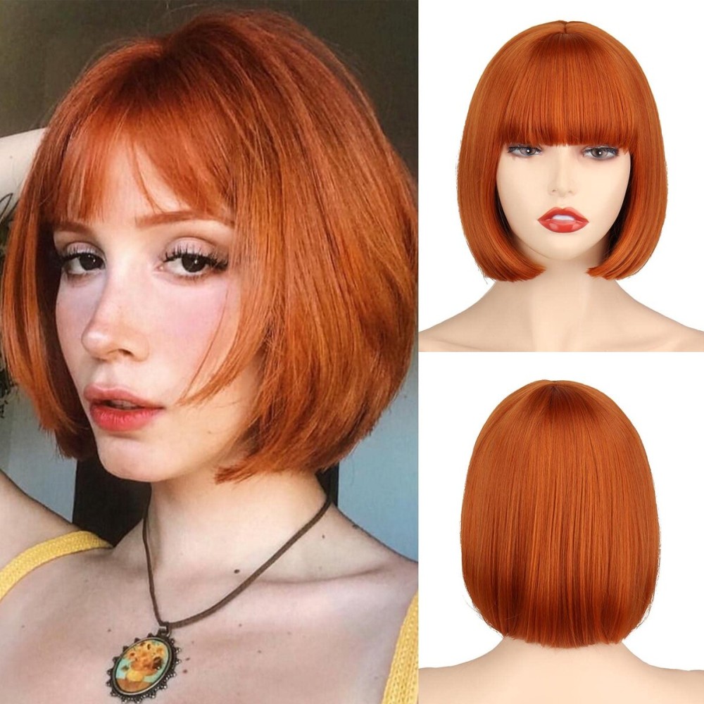 WERD Short Orange Bob Wig with bangs for Women,Ginger Orange Bob WIig with Bangs, Straight Natural Synthetic Wig for Halloween Cosplay Party Use