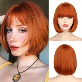 WERD Short Orange Bob Wig with bangs for Women,Ginger Orange Bob WIig with Bangs, Straight Natural Synthetic Wig for Halloween Cosplay Party Use