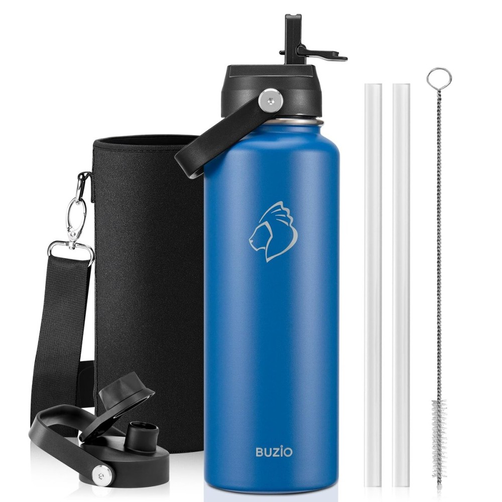 BUZIO Insulated Water Bottle with Straw Lid and Flex Cap,Stainless Steel Water Flask, Modern Double Vacuum Wide Mouth Metal Thermo Canteen, Cold for 48 Hrs Hot for 24 Hrs, 40 Ounces Blue