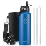 BUZIO Insulated Water Bottle with Straw Lid and Flex Cap,Stainless Steel Water Flask, Modern Double Vacuum Wide Mouth Metal Thermo Canteen, Cold for 48 Hrs Hot for 24 Hrs, 40 Ounces Blue