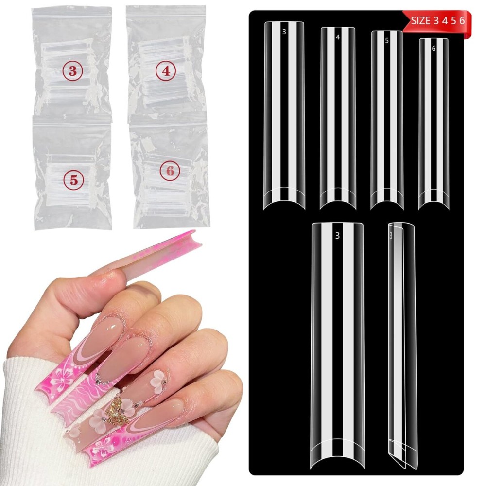 No C Curve Square Refill Nail Tips, 3XL Long Clear Straight Tapered Square Gel Nail Tips, 200PcsFixed Size No. 3.4.5.6 With BagHalf Cover Acrylic Tips Coffin Nails Tips for Nail Art Salon