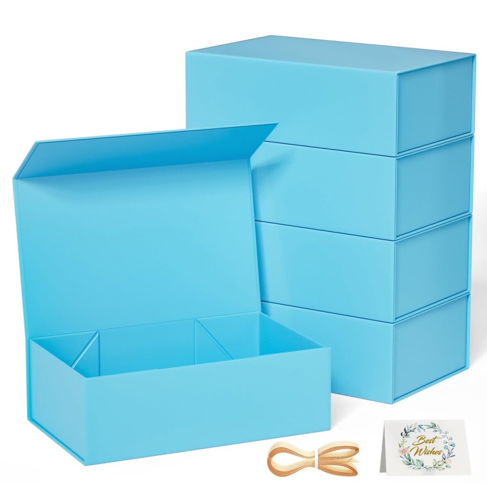 RYDDOY 5 Pack Blue Gift Box, 12x6x4\'\' Gift box for Presents with Lids Magnetic Closure Rectangle Collapsible for Bridesmaid Proposal Box, Wedding, Christmas, Halloween, Birthday Gift Packging