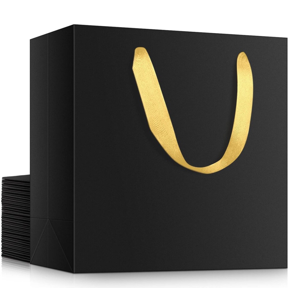 EUSOAR Large Black Golden Handles Shopping Bags, 20 Pack 12.5x4.5x11 inches Gift Wrap Bags Handles Bulk, Merchandise Retail Wrapping Bags for Business, Craft Grocery, Wedding