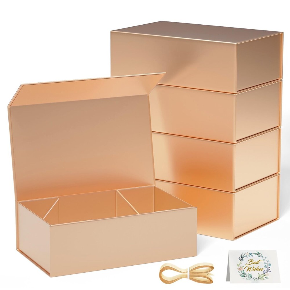 RYDDOY 5 Pack Rose Gold Gift Box, 9.5x6x3\'\' Gift boxes for Presents with Lids Magnetic Closure Rectangle Collapsible for Bridesmaid proposal box, Wedding, Christmas, Halloween, Birthday Gift Packging