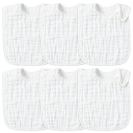 Zainpe 6Pcs Snap Muslin Cotton Baby Bibs White Adjustable Drool Bib with 6 Absorbent Soft Layers, Machine Washable Unisex Burp Cloths for 3 to 36 Months Boys Girls Infant Newborn Toddler