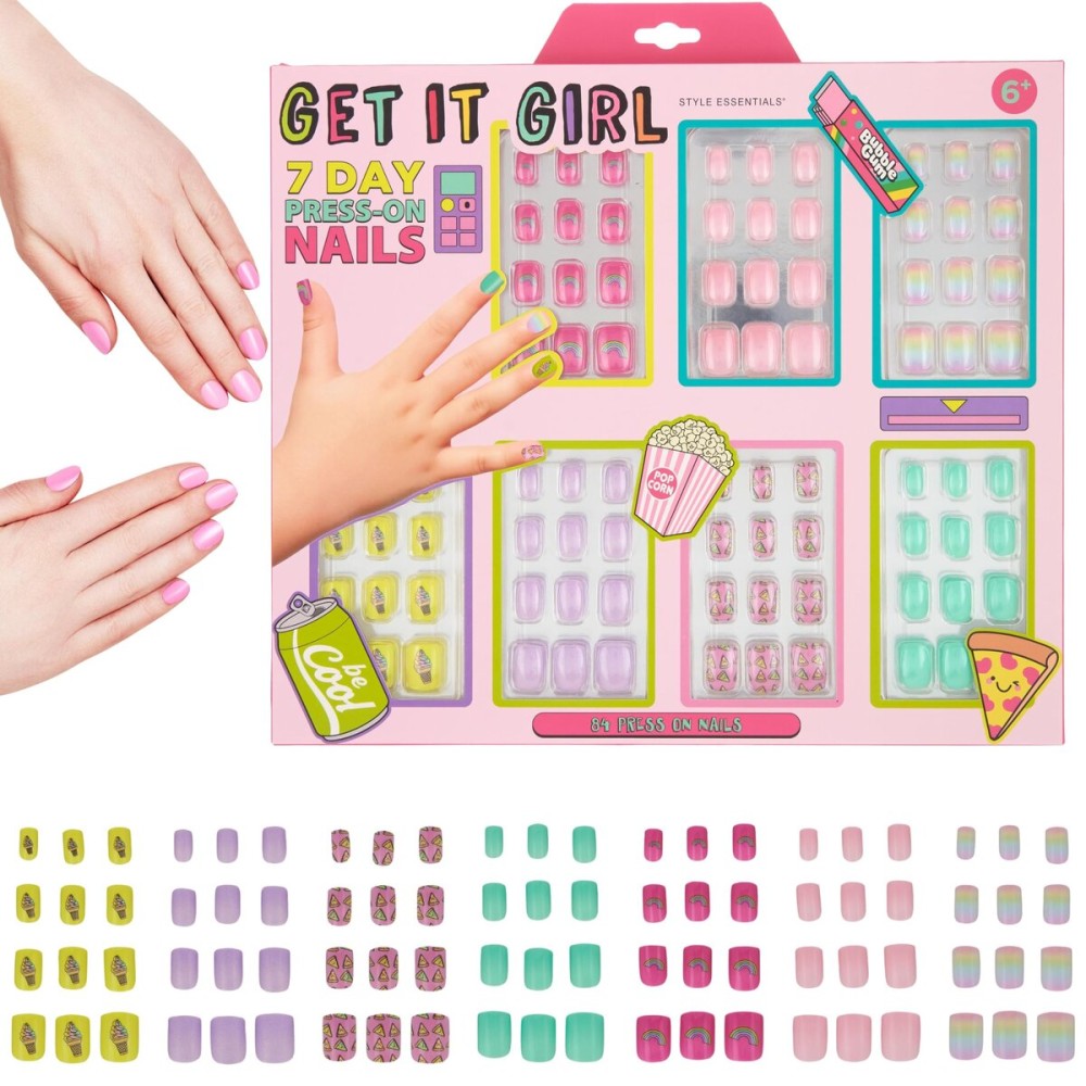 7 Day Manicure Collection - 84PC Press On Nail Set, Day-Of-The-Week Adhesive False Nails for Girls (GET IT GIRL Collection) - Colorful Novelty Designs Stick On Nails For Kids