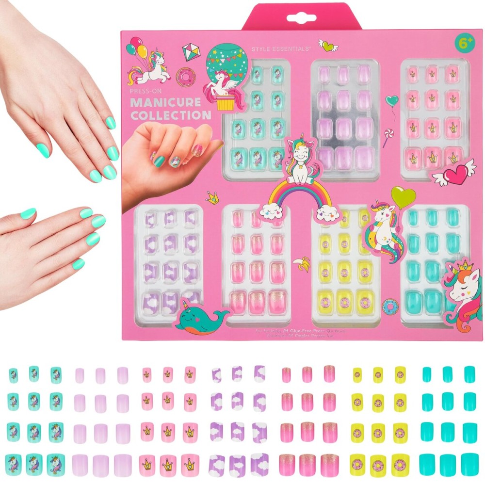 7 Day Manicure Collection - 84PC Press On Nail Set, Day-Of-The-Week Adhesive False Nails for Girls (UNICORN PARTY Collection) - Colorful Novelty Designs Stick On Nails For Kids