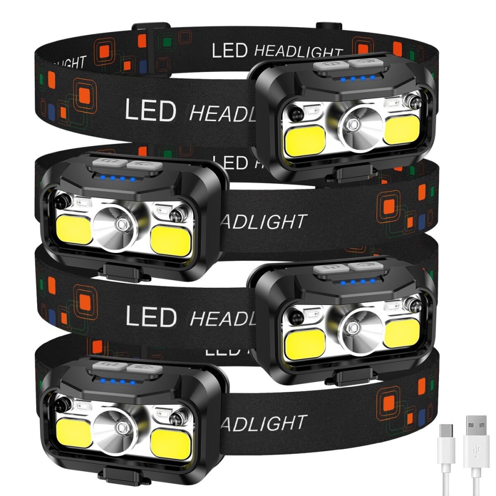 LHKNL Headlamp Rechargeable, Lumen Super Bright Motion Sensor Head Lamp Flashlight, Waterproof LED Headlight with White Red Light, 8 Mode Head Lights for Camping Cycling Running Fishing-4 Packs