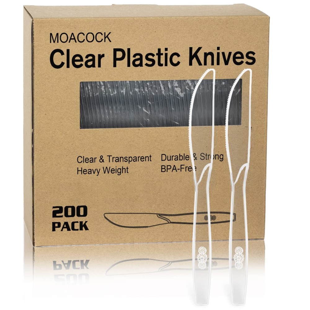 MOACOCK 200 Count Clear Plastic Knives, Heavy Weight Disposable Spoons Cutlery Plastic Utensils, Clear PlasticSilverware Bulk
