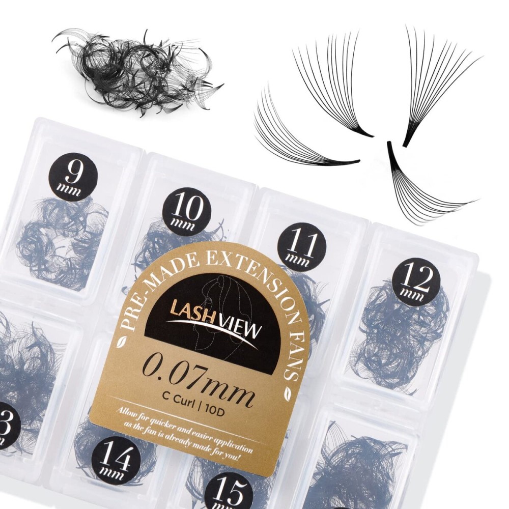 LASHVIEW 1000 Premade Volume Eyelash Extensions Mixed Tray 10D Premade Fans Eyelash Extensions C Curl Premade Lash Fans Pointed Handmade Promade Loose Fans Thin Base (10D-0.07C,9-16mm)