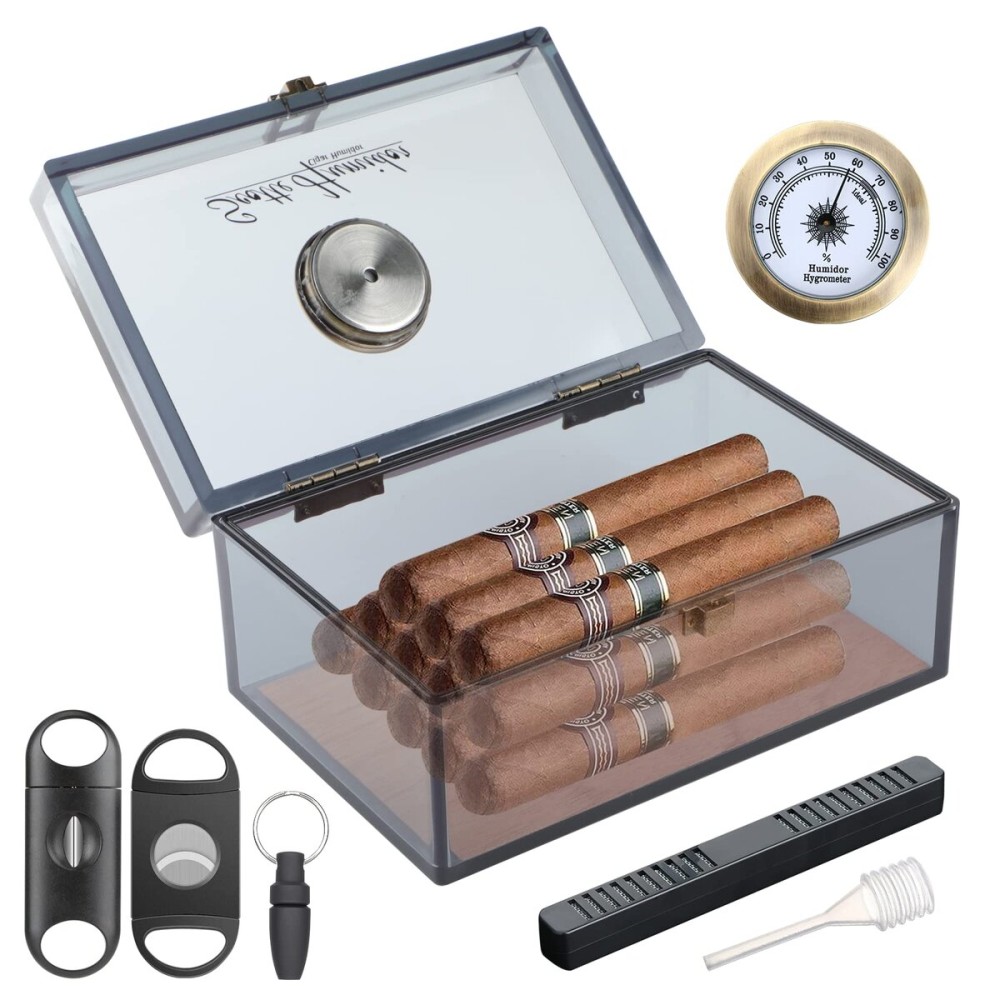 Scotte Acrylic Humidor - Cigar Box With Hygrometer, Humidifier & Accessories (Grey, Holds 20 Cigars)