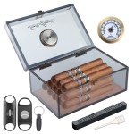 Scotte Acrylic Humidor - Cigar Box With Hygrometer, Humidifier & Accessories (Grey, Holds 20 Cigars)