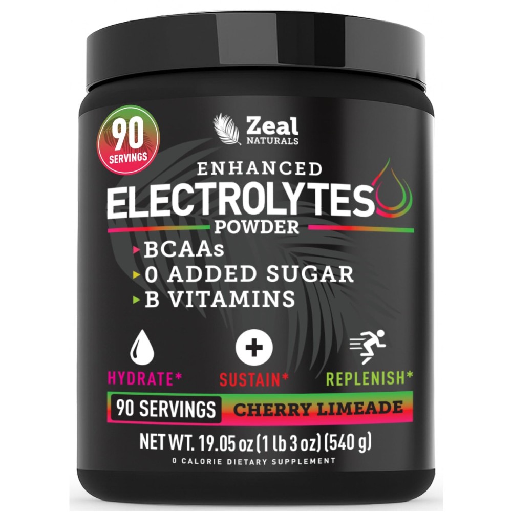 Zeal Electrolyte Powder - 90 Servings | Keto Electrolytes Powder | Zero Sugar, BCAAs, B-Vitamins | Potassium, Zinc, Magnesium | Hydration Powder Recovery Drink | Cherry Limeade
