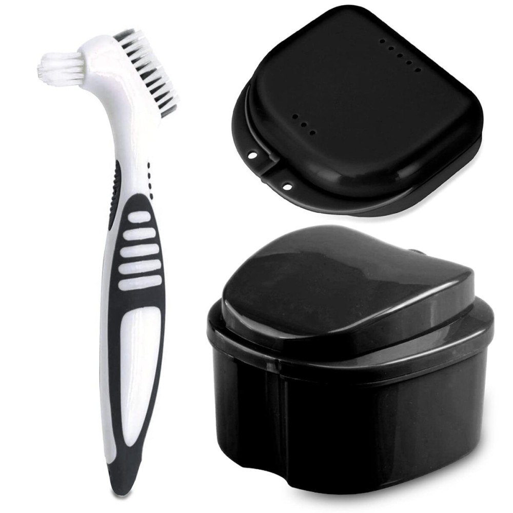 Denture Bath Case Cup with Denture Cleaner Brush & Retainer Holder Box, Complete Clean Care for Dentures, Clear Braces, Mouth Guard, Night Guard & Retainers,Traveling (Black)