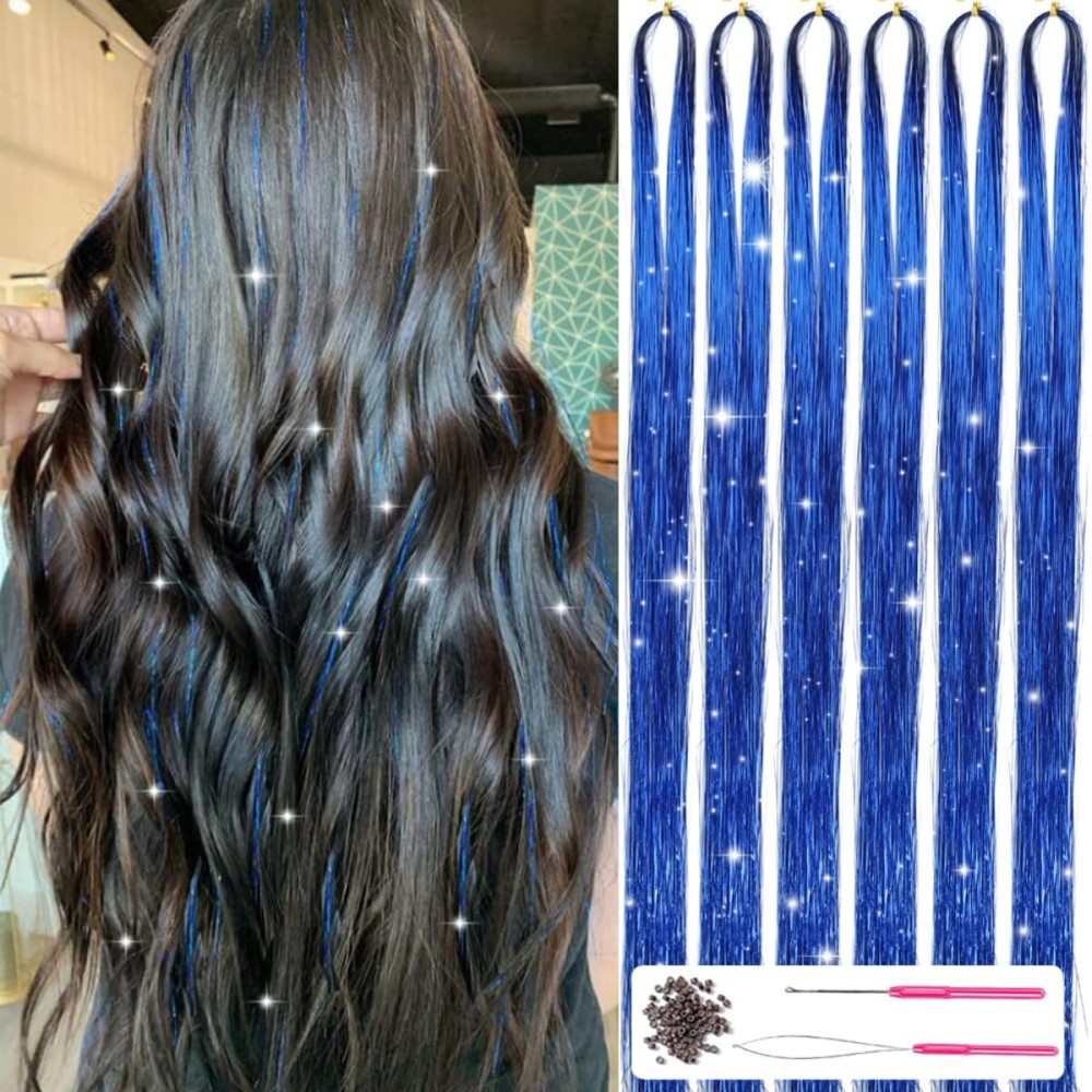 MISSUHUI Hair Tinsel Kit with Tools 47Inch 1200 Strands Fairy Hair Tinsel Heat Resistant Glitter Tinsel Hair Extensions Sparkling Shiny Hair Tinsel Strands Kit for Women Girls 6Pcs (Sapphire Blue)