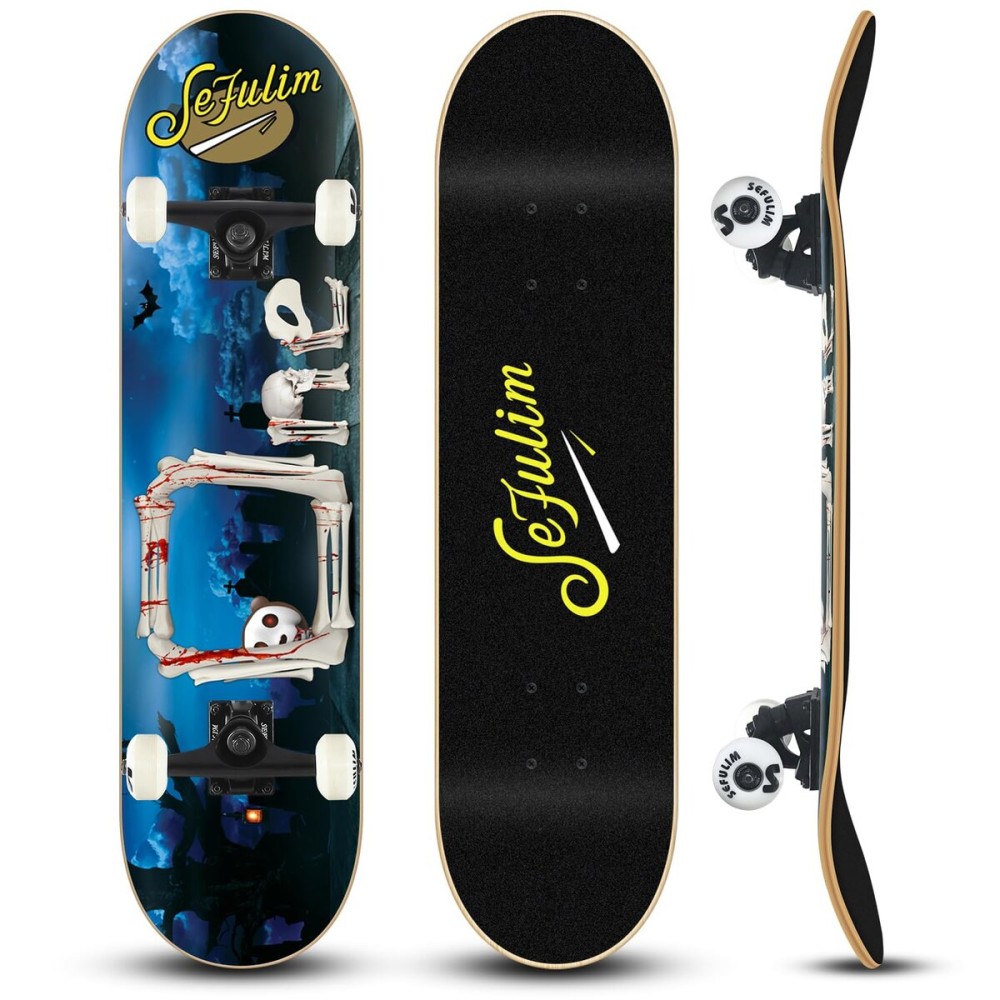 Sefulim 31 x 8 Inch Complete Skateboard 7 Layer Canadian Maple Double Kick Deck Concave Cruiser Trick Skateboard for Boys Girls Teens Adults Beginner