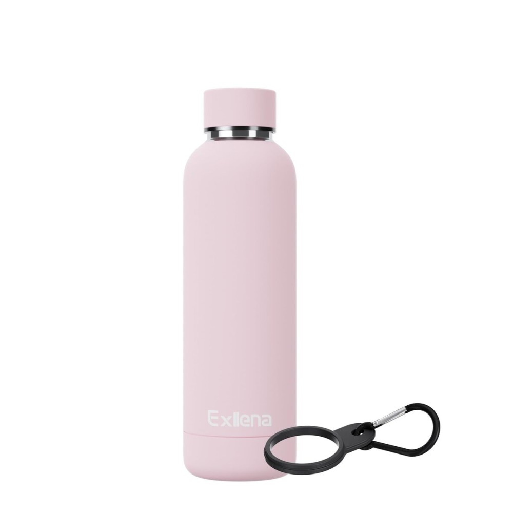 Exllena Slim Insulated Water Bottles for Travel 18oz with Clip, Double Wall Vacuum Stainless Steel Water Bottle Keeps Drinks Cold 24 Hrs/Hot 12 Hrs, 100% Leakproof, BPA Free(Pink)