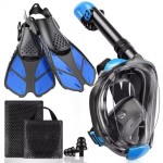 Viginsul Mask Fins Snorkeling Gear for Adults, Full Face Snorkel Mask & Adjustable Swim Fins Snorkel Set, Panoramic View Snorkel Mask Dry Top Anti-Fog Anti-Leak