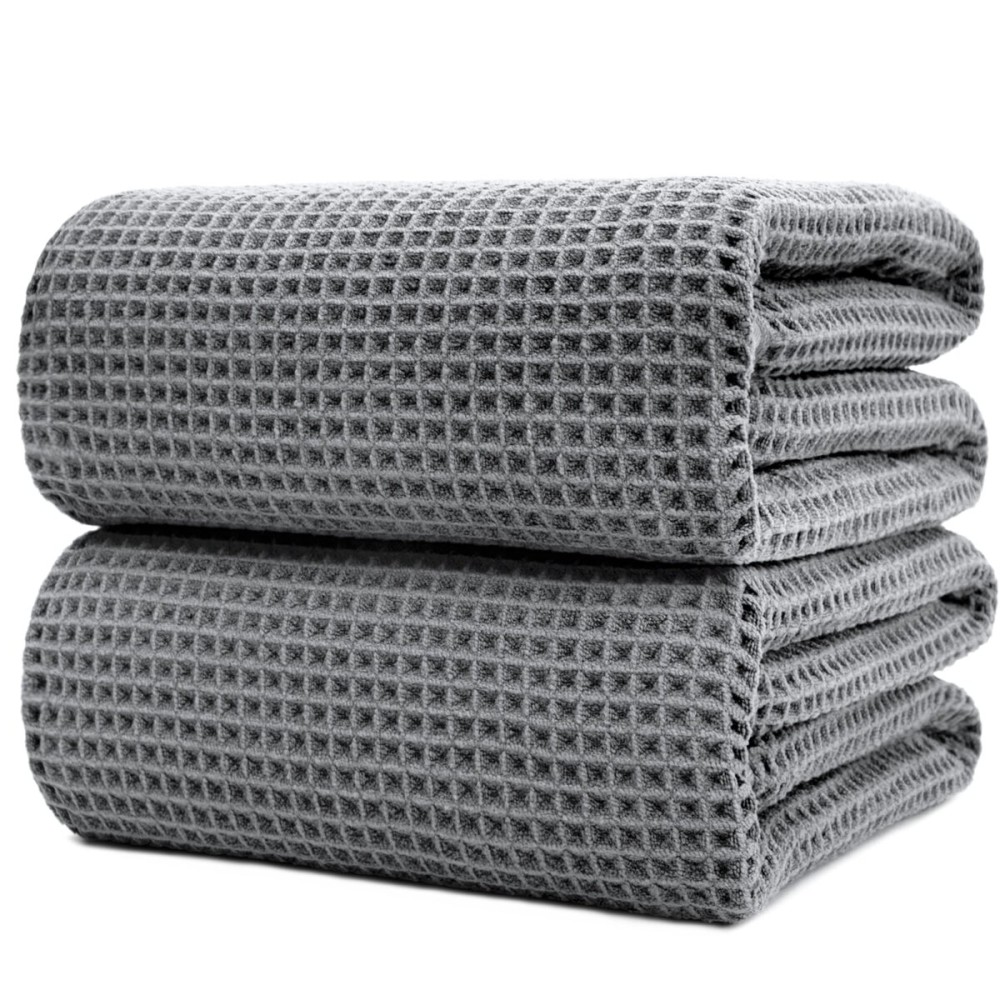 POLYTE 430 GSM Microfiber Quick Dry Lint Free Bath Sheet, 70 x 35 in, Set of 2 (Waffle Weave)