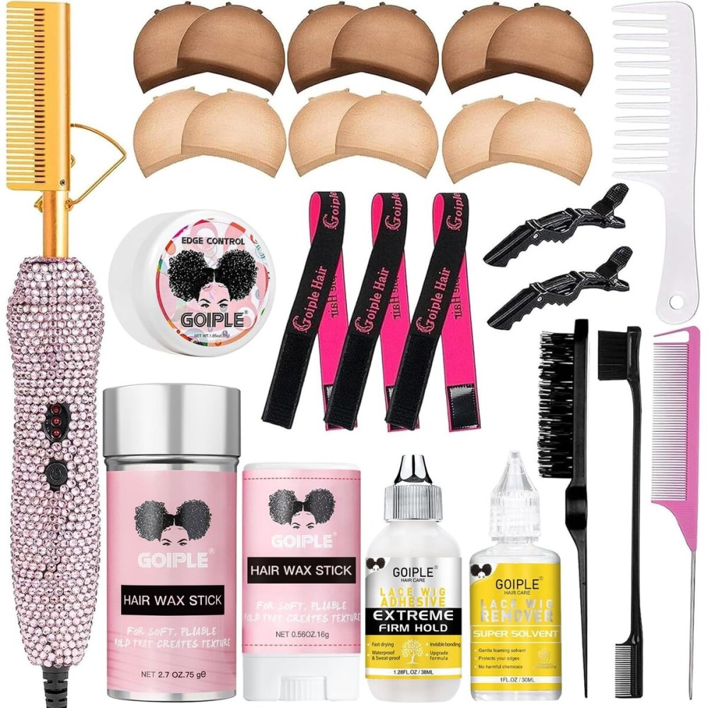 Diamond Electric Adjustable Temperature Hair Straightener Brush Set for Wigs and Natural Black Hair (Gold)