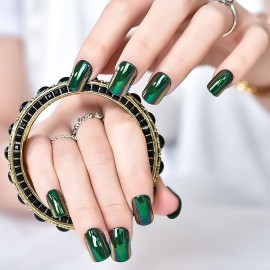 ELEVENAIL Daily Short Squoval False Nails Magic Green Chrome Reflection Mirror Press on Nails Reusable Wearable Party Fake Acrylic Nail Art Tips Salon DIY Manicure Gifts with Adhesive Tabs Nail File