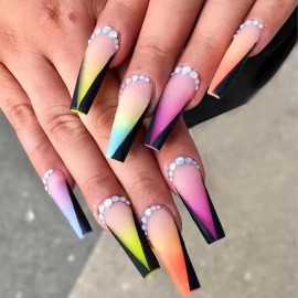 BABALAL Coffin Press on Nails Long Fake Nails Colorful Glue on Nails Matte Rhinestones 24Pcs Rainbow Acrylic Nails for Women and Girls