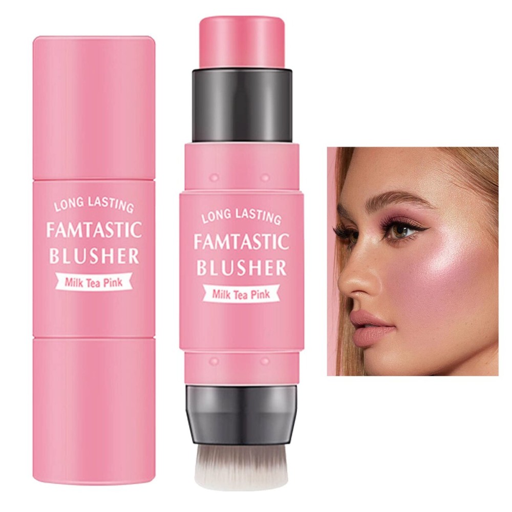 Cream Blush Stick with Brush,Waterproof Multi Cream Makeup Stick,Lightweight,Long-lasting,2 in 1 Multi Blush for Cheeks & Lip Tint & Eyeshadow Makeup(01 Milk Tea Pink)