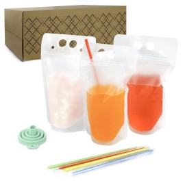 C CRYSTAL LEMON 400PCS Drink Pouches with 400 Straws - Reusable Juice and Smoothie Bags with Zipper Seal - BPA-Free Stand-Up Plastic Pouches for Party, Travel, Camping & Bulk Drinks