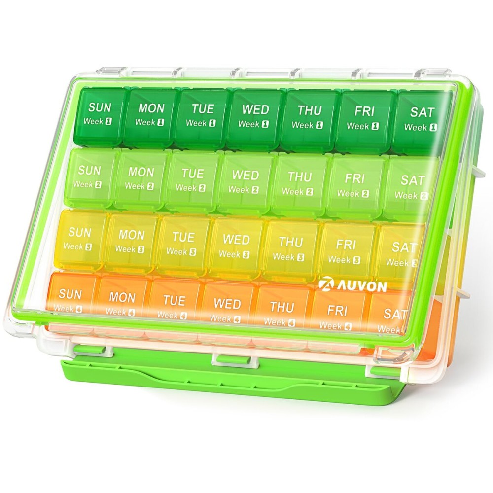 AUVON Moisture-Proof Monthly Pill Organizer, Large 28 Days Pill Box Case with Removable 4 Weeks Medication Organizer Rows, Travel-Friendly to Store Fish Oils, Vitamins, Supplements, Medications