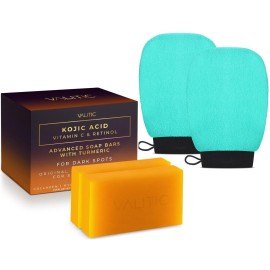 VALITIC 2 Pack Kojic Acid Vitamin C & Retinol Soap Bars for Dark Spot Bundle with 2 Turquoise Exfoliating Gloves for Body Scrubs