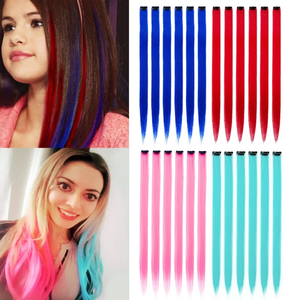 KGBFASS 22 Colored Clip in Hair Extensions Blue Straight Hair Extensions Clip in for Kids Multi-Colors Party Highlights Hairpieces(Blue,Pink)