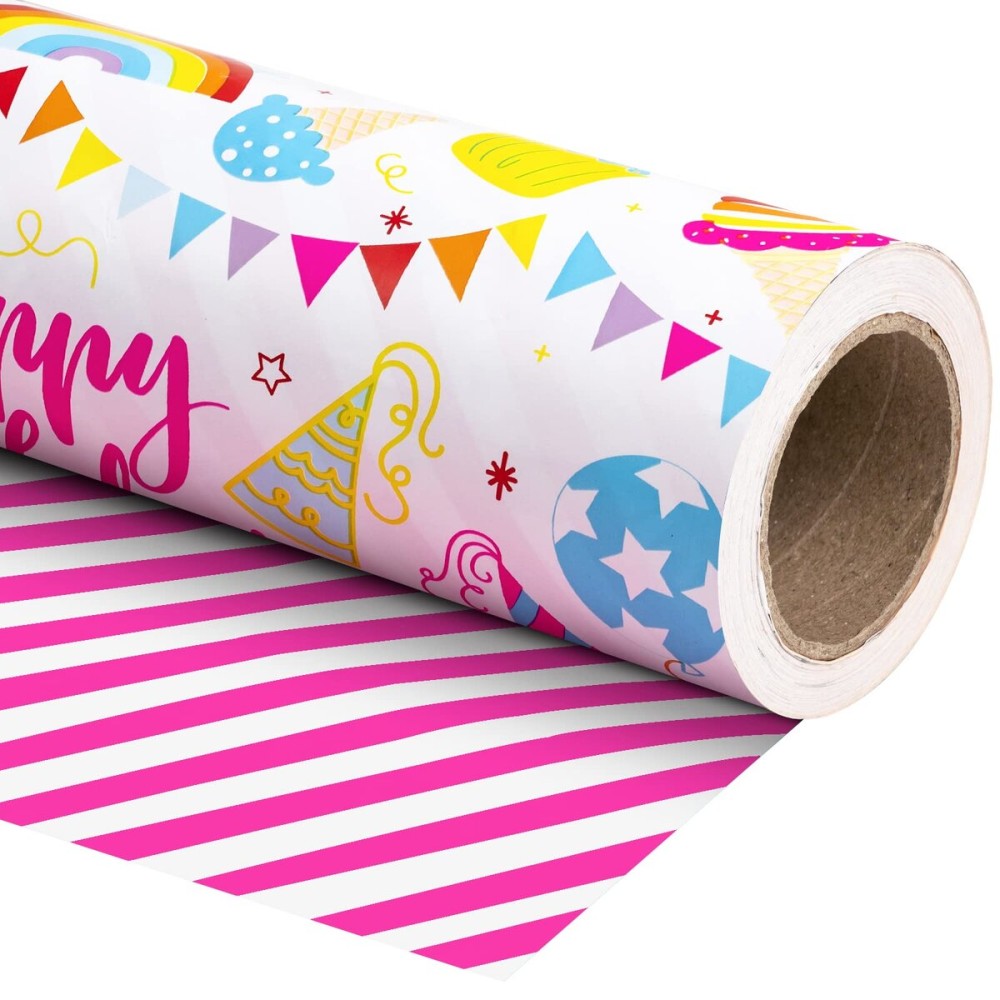 WRAPAHOLIC Reversible Birthday Wrapping Paper - Mini Roll - 17 Inch X 33 Feet - Birthday Party Design, Perfect for Celebration, Baby Shower