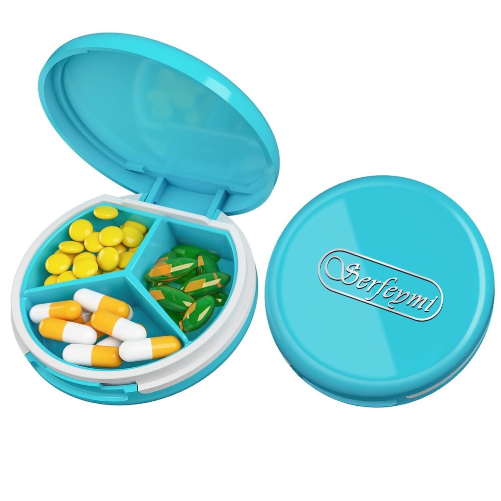 Serfeymi Small Pill Box - 3 Compartments Portable Pill Box for Purse Pocket, Compact Mini Travel Pill Case - Suitable for Medicine, Vitamin, Fish Oil, Supplements - Light Blue(Logo)