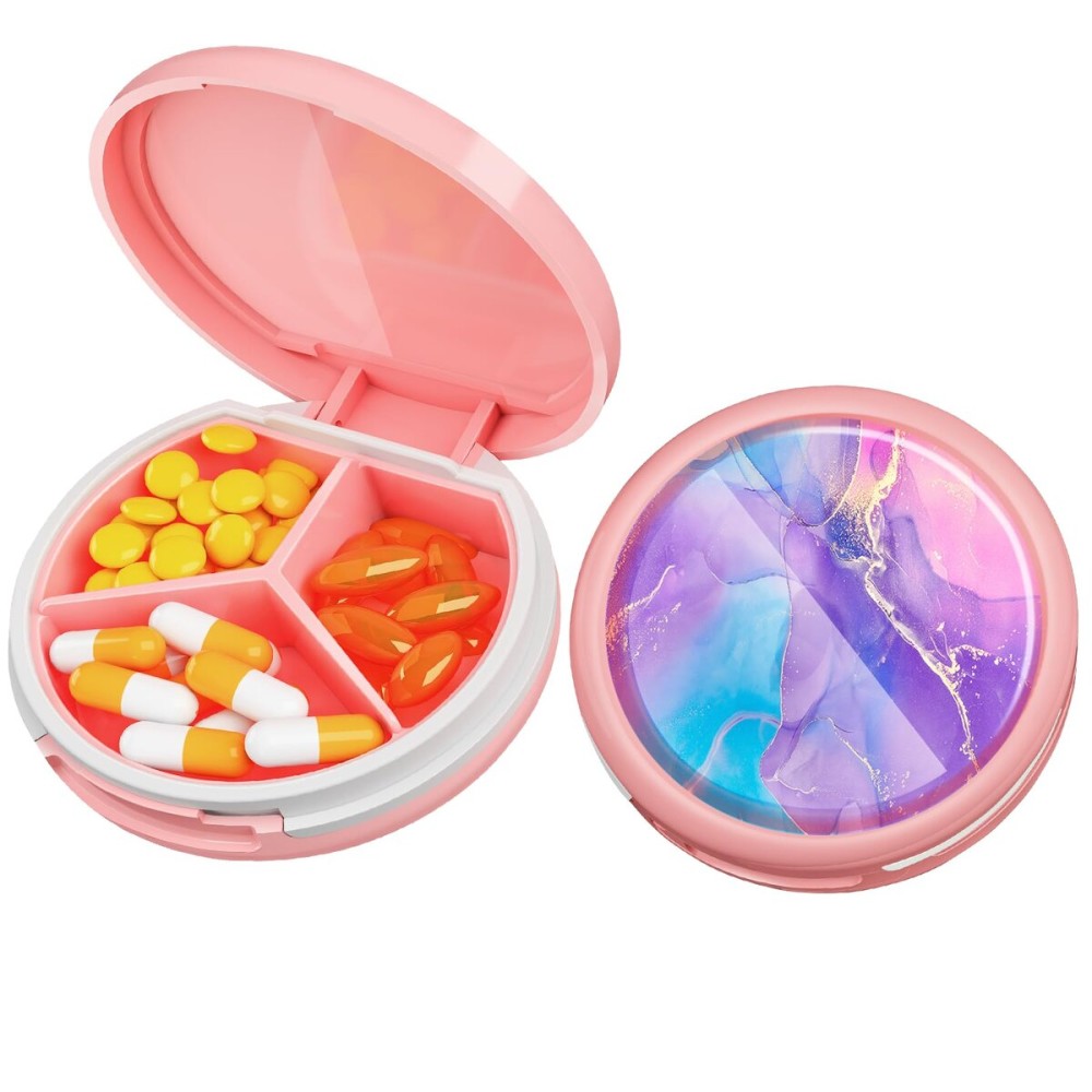 Serfeymi Small Pill Box - 3 Compartments Portable Pill Box for Purse Pocket, Compact Mini Travel Pill Case - Suitable for Medicine, Vitamin, Fish Oil, Supplements - Pink(Fluid Art)