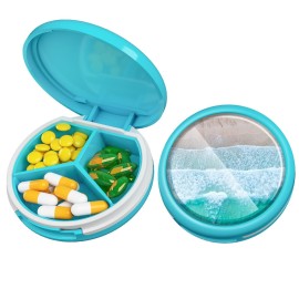 Serfeymi Small Pill Box - 3 Compartments Portable Pill Box for Purse Pocket, Compact Mini Travel Pill Case - Suitable for Medicine, Vitamin, Fish Oil, Supplements - Light Blue(Beach)