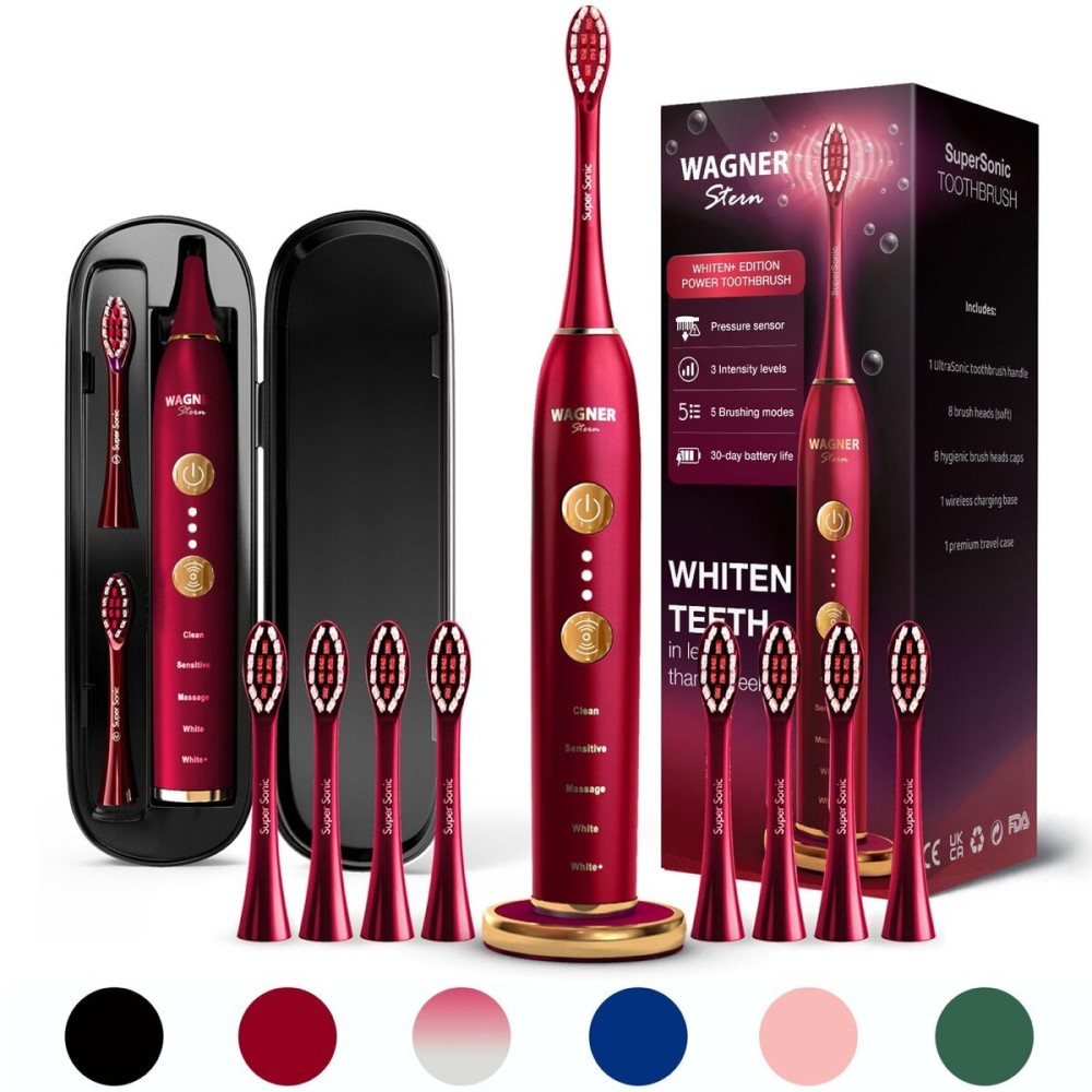 Wagner Stern WHITEN+ Edition. Whitening Electric Toothbrush with Pressure Sensor. Offers 5 Brushing Modes, 3 intensities, 8 Soft Brush Heads, and a Luxury Travel case.