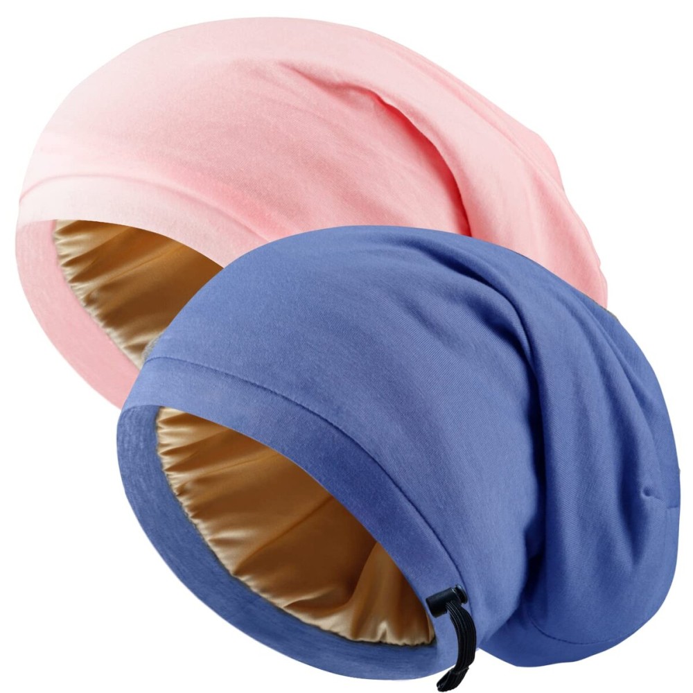 Silk Satin Bonnet Hair Wrap for Sleeping, 2 Pcs Adjustable Silk Bonnets for Women Men Sleep Cap Silk Lined Slouchy with Adjustable Strap Curly Hair Head Scarf Night Caps