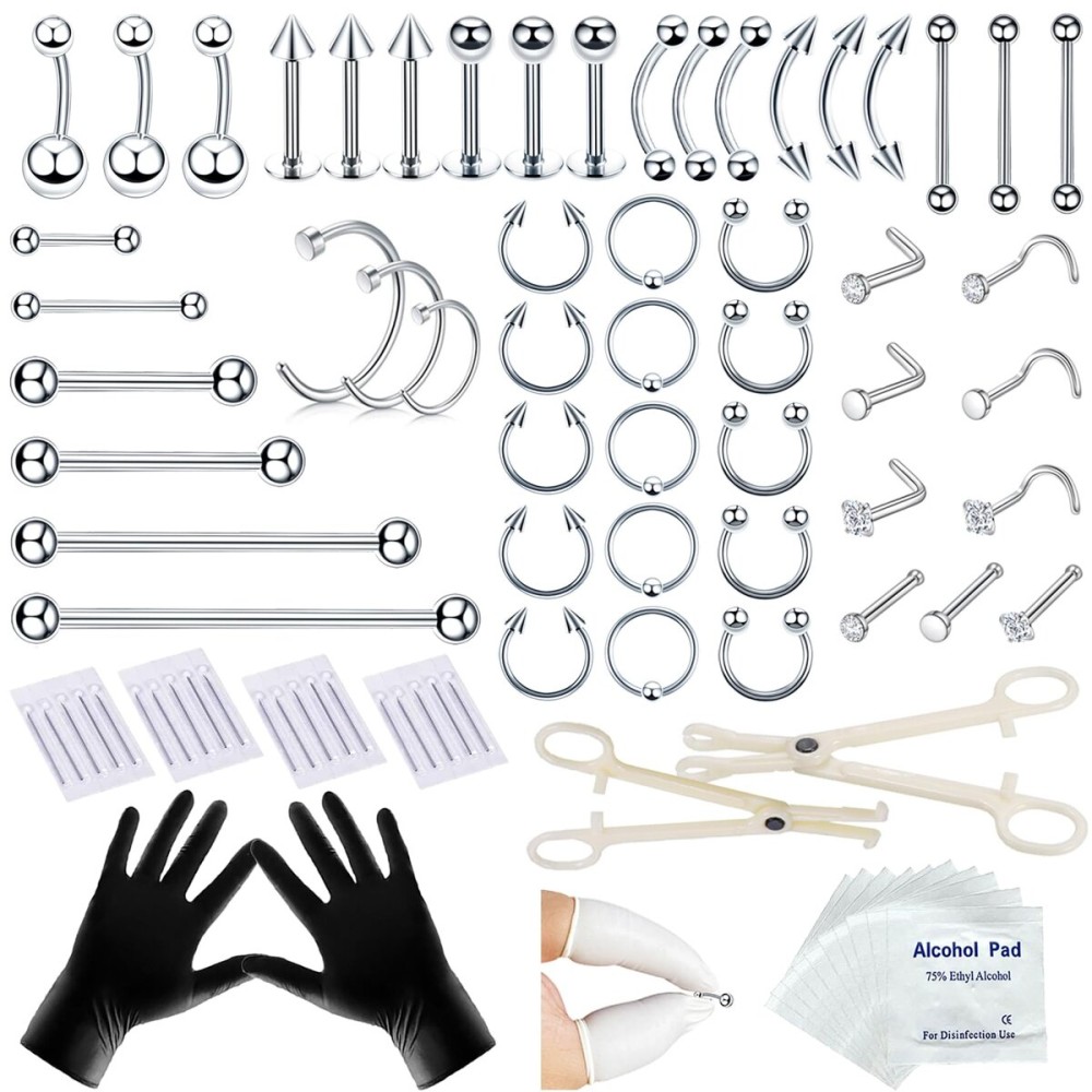 TKKUY 80PCS Nose Piercing Kit: Stainless Steel Body Piercing Jewelry with 12G, 14G, 16G, 20G Needles for Ear, Nose, Lip, Eyebrow