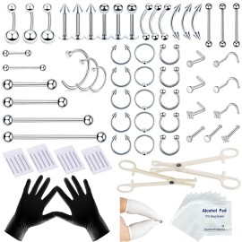 TKKUY 80PCS Nose Piercing Kit: Stainless Steel Body Piercing Jewelry with 12G, 14G, 16G, 20G Needles for Ear, Nose, Lip, Eyebrow